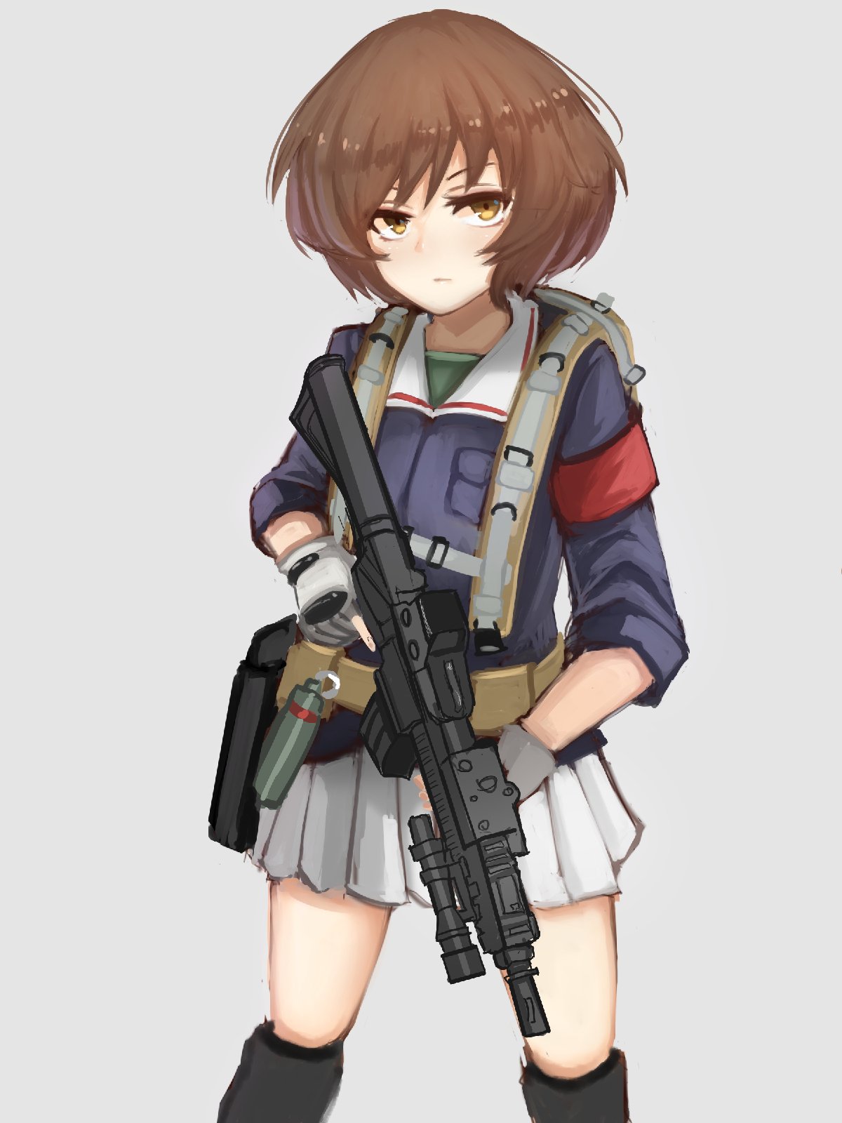1girl, akiyama_yukari, armband, assault_rifle, backpack, bag, bangs, belt