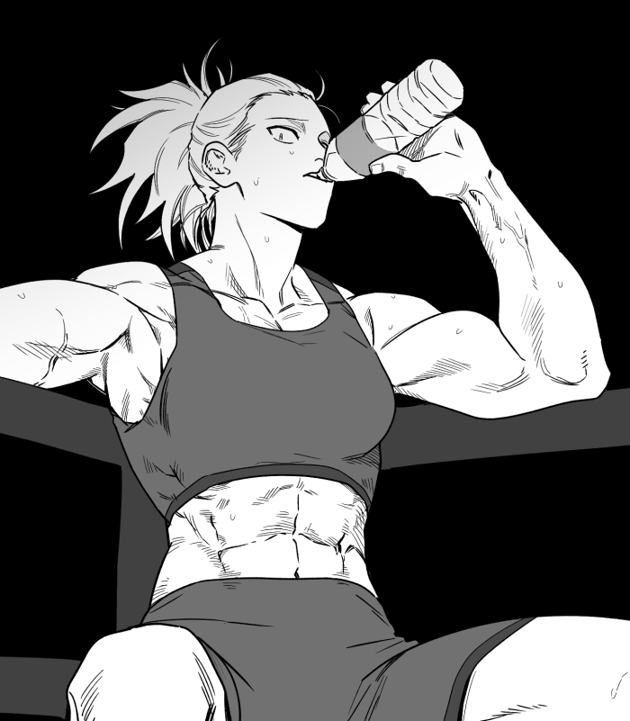 1girl, abs, bare_arms, biceps, bottle, drinking, gyeoggi_3_ban, looking_at_viewer