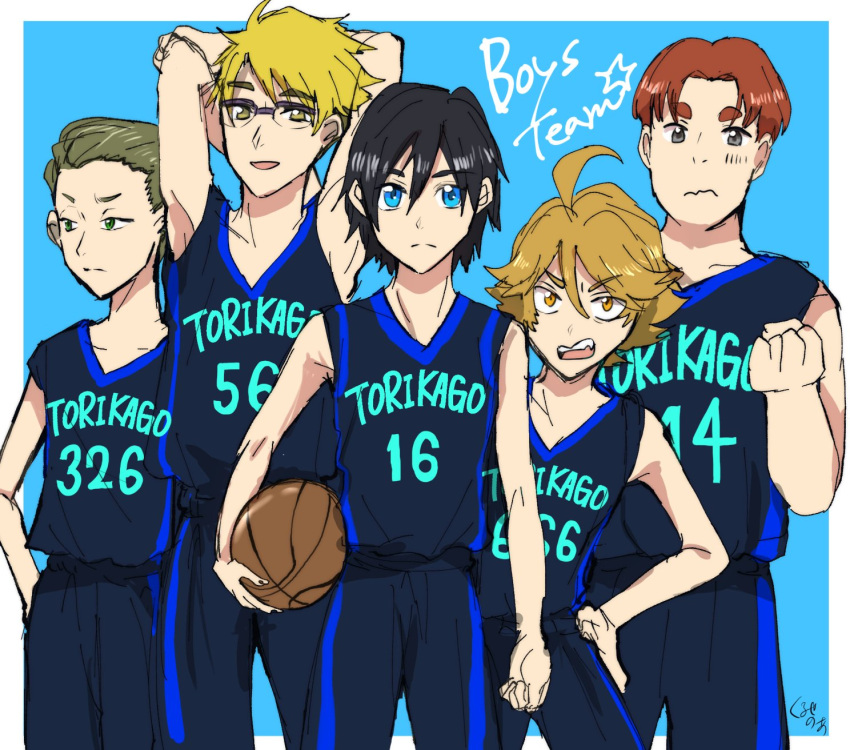 5boys, ahoge, arms_behind_head, ball, basketball, basketball_uniform, blonde_hair, blue_eyes