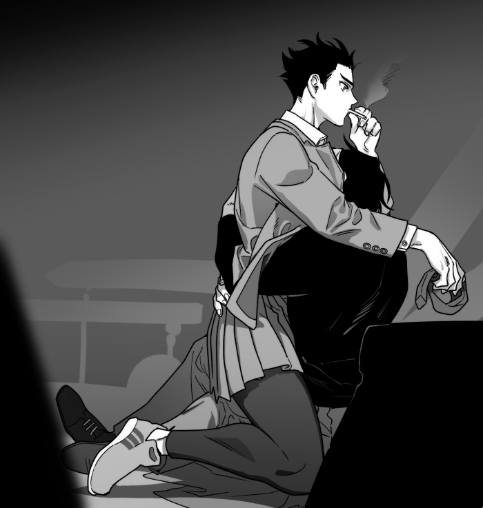 1boy, 1girl, bed, bedroom, cha_so-wul, cigarette, couple, gyeoggi_3_ban