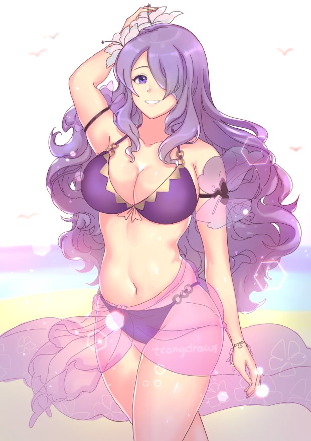 1girl, arm_up, bikini, breasts, camilla_(fire_emblem_if), cleavage, fire_emblem, fire_emblem_heroes, fire_emblem_if, flower, hair_flower, hair_ornament, hair_over_one_eye, large_breasts, long_hair, navel, purple_hair, sarong, see-through, smile, swimsuit, tcong, violet_eyes