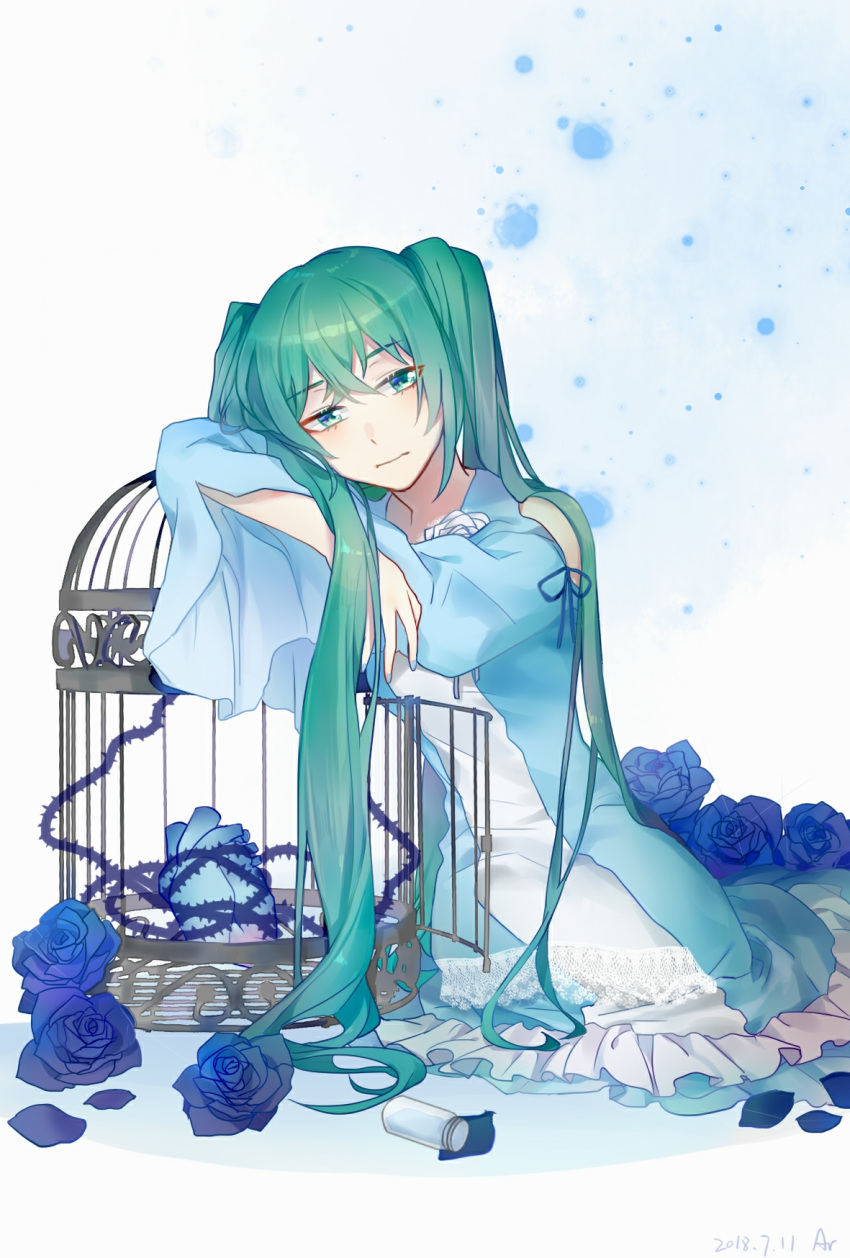 bangs, bare_shoulders, birdcage, blue_dress, blue_eyes, blue_flower, blue_rose, bottle