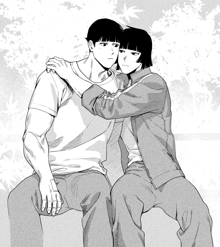 1boy, 1girl, background, bandaid, black_hair, bowl_cut, cheek-to-cheek, couple