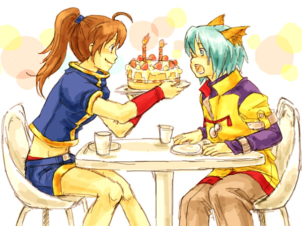 1boy, 1girl, commentary_request, groin, long_hair, precis_neumann, short_hair, star_ocean