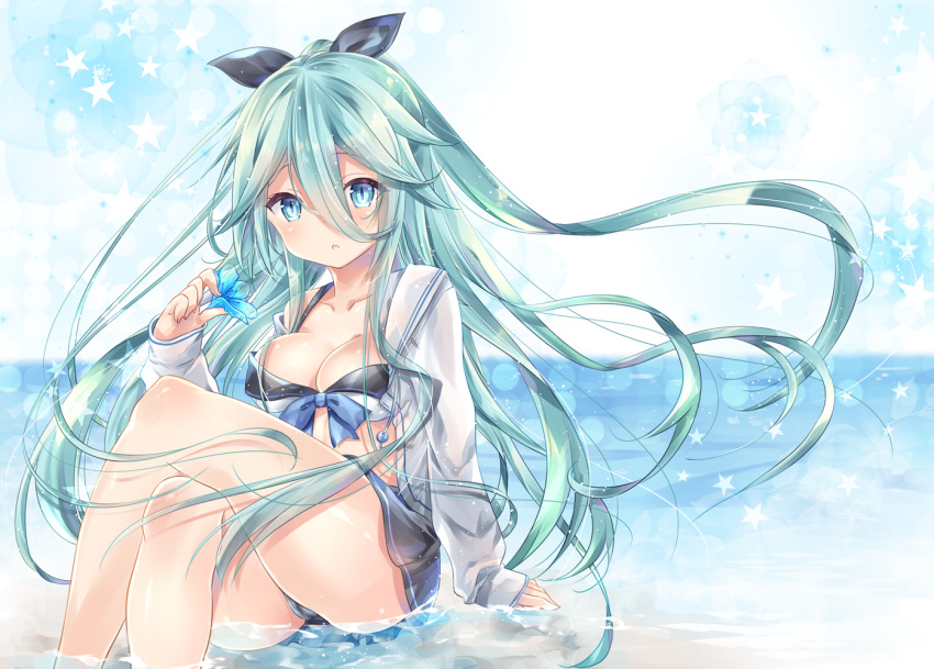 1girl, bikini, blue_eyes, blush, bow, breasts, closed_mouth, eyebrows_visible_through_hair