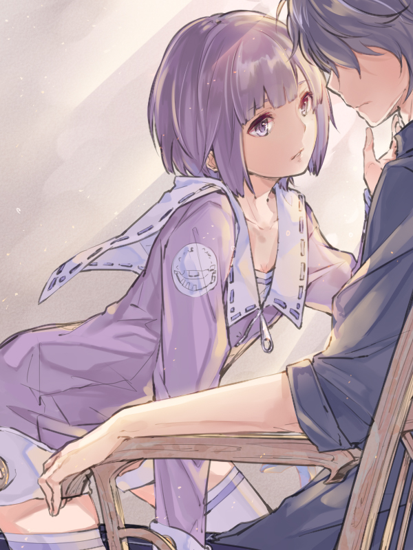 1boy, 1girl, bangs, bob_cut, brother_and_sister, chair, commentary_request, elysion