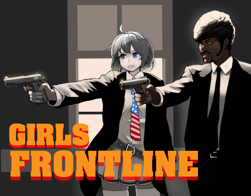 1boy, 1girl, afro, ahoge, aiming, american_flag, american_flag_print, belt