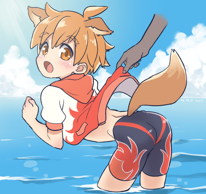 1boy, animal_ears, ass, blush, brown_eyes, brown_hair, dog_ears, dog_tail