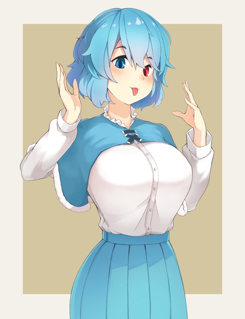 1girl, :3, :p, beige_border, bimuri, blue_capelet, blue_eyes, blue_hair