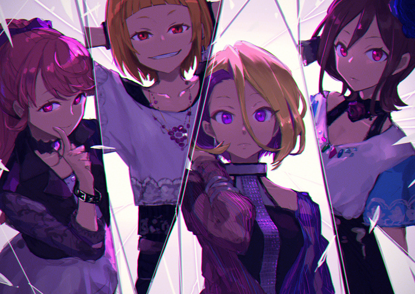 4girls, arm_belt, black_skirt, blonde_hair, bow, brown_hair, commentary_request, earrings