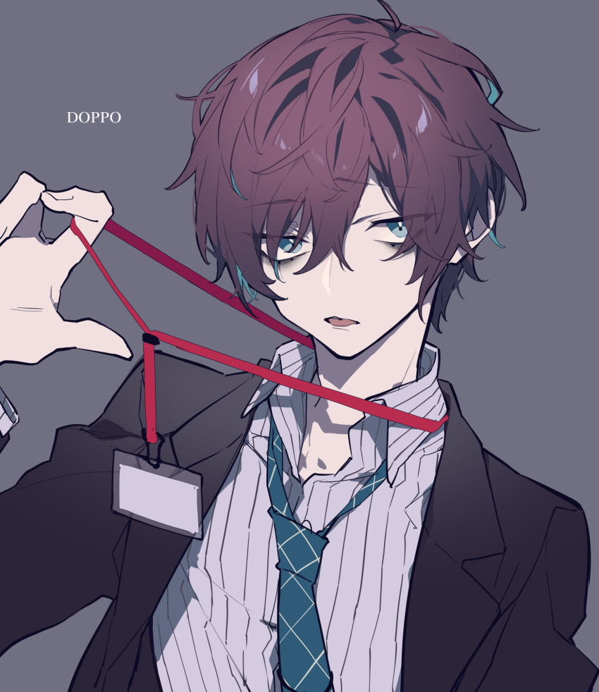1boy, blue_eyes, brown_hair, brown_jacket, character_name, collared_shirt, commentary_request, eyebrows_visible_through_hair, eyes_visible_through_hair, grey_background, grey_shirt, hair_between_eyes, hand_up, highres, hypnosis_mic, jacket, kannonzaka_doppo, long_sleeves, looking_at_viewer, male_focus, mochizuki_kei, name_tag, parted_lips, shirt, simple_background, solo, upper_body, wing_collar