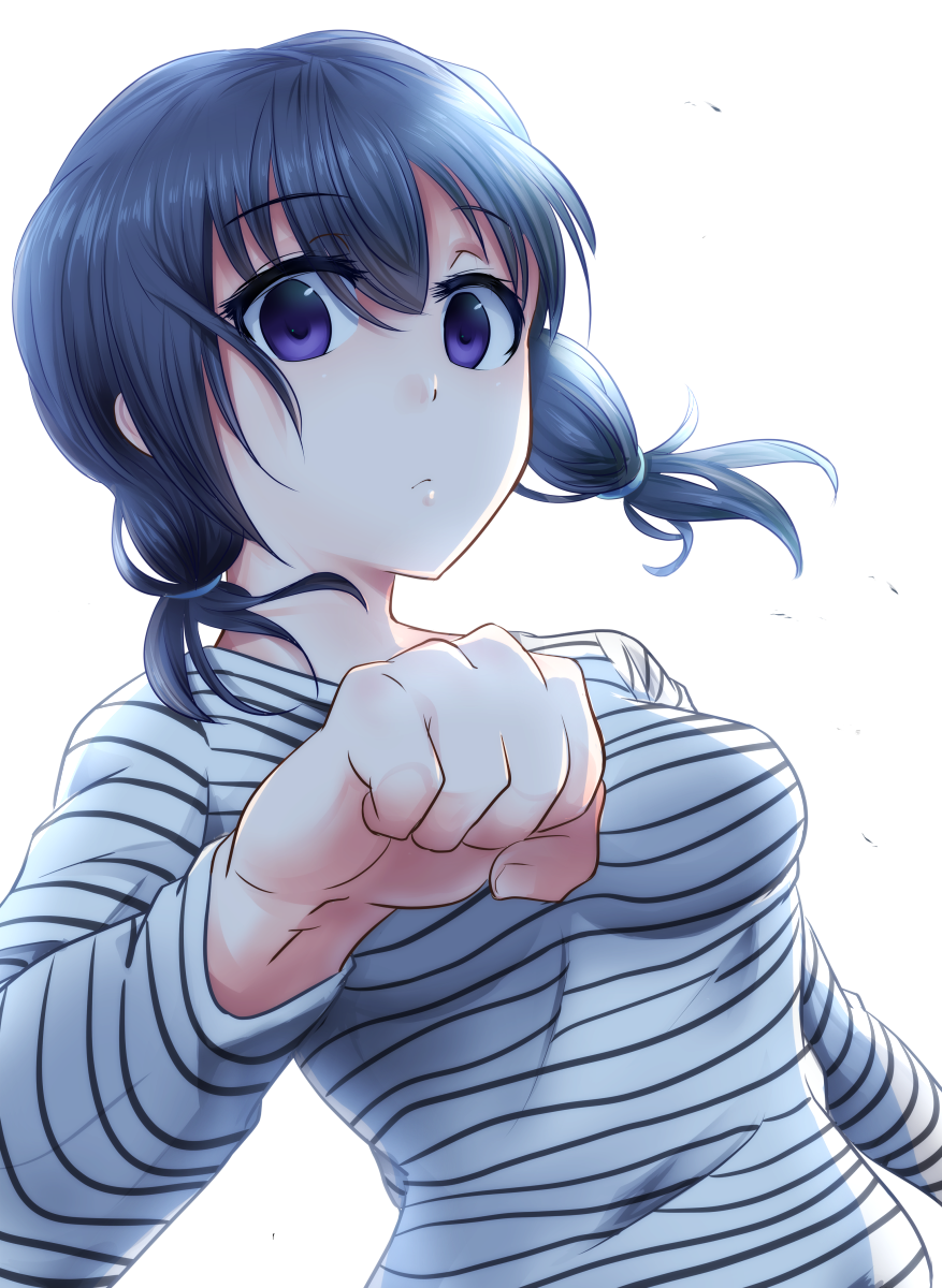 1girl, breasts, casual, clenched_hand, commentary_request, hair_tie, highres, kaigara_suupu, long_sleeves, medium_breasts, shirt, solo, striped, striped_shirt, tamura_yuri, tied_hair, violet_eyes, watashi_ga_motenai_no_wa_dou_kangaetemo_omaera_ga_warui!, white_background