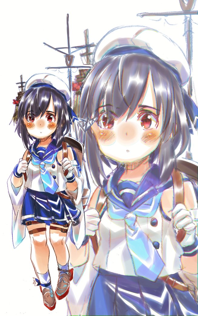1girl, bare_shoulders, black_hair, blue_neckwear, blue_ribbon, blue_sailor_collar, blue_skirt, blush