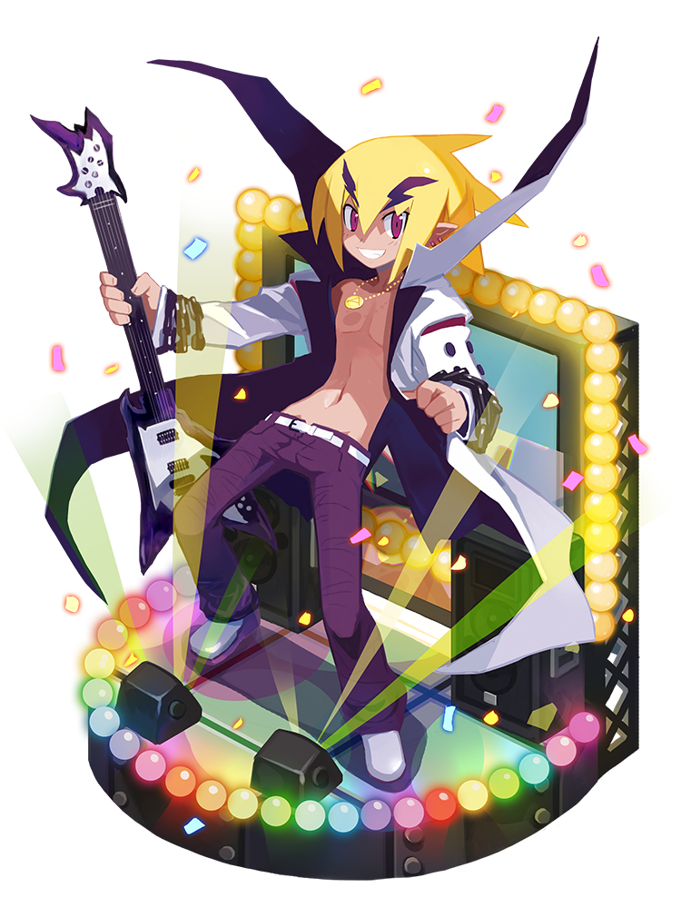 1boy, akutare_(disgaea), bare_chest, blonde_hair, disgaea, faux_figurine, full_body, grin