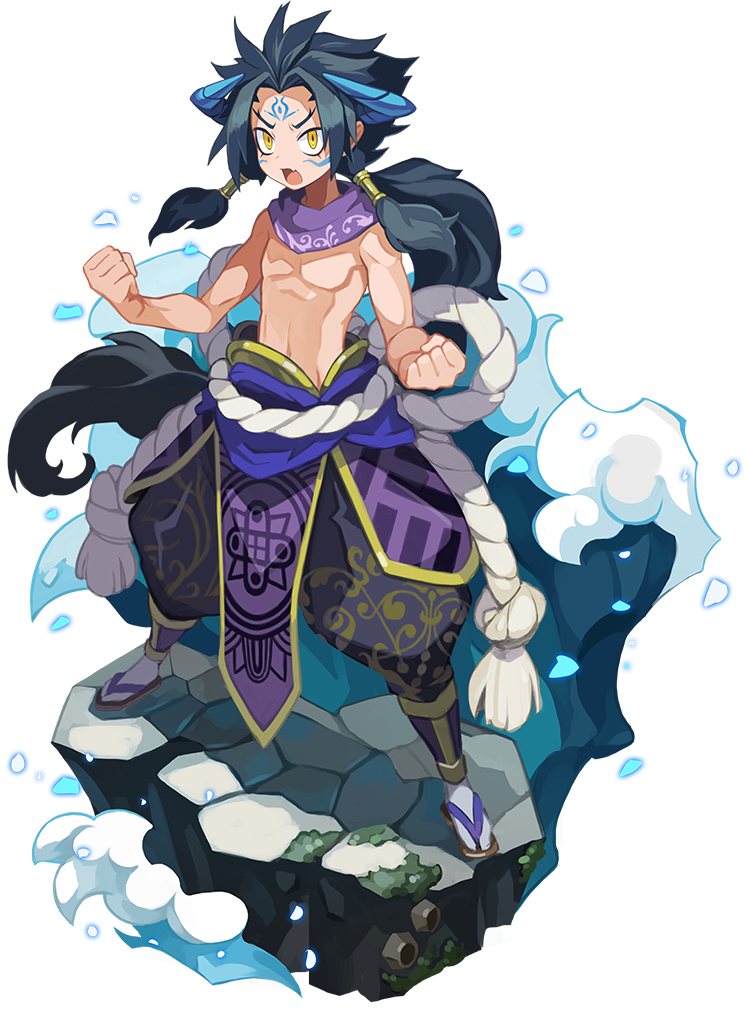 1boy, :o, black_hair, clenched_hand, faux_figurine, forehead_tattoo, full_body, hair_tubes