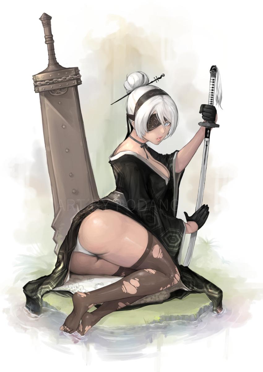 1girl, absurdres, alternate_costume, alternate_hairstyle, ass, black_gloves, black_legwear, blindfold