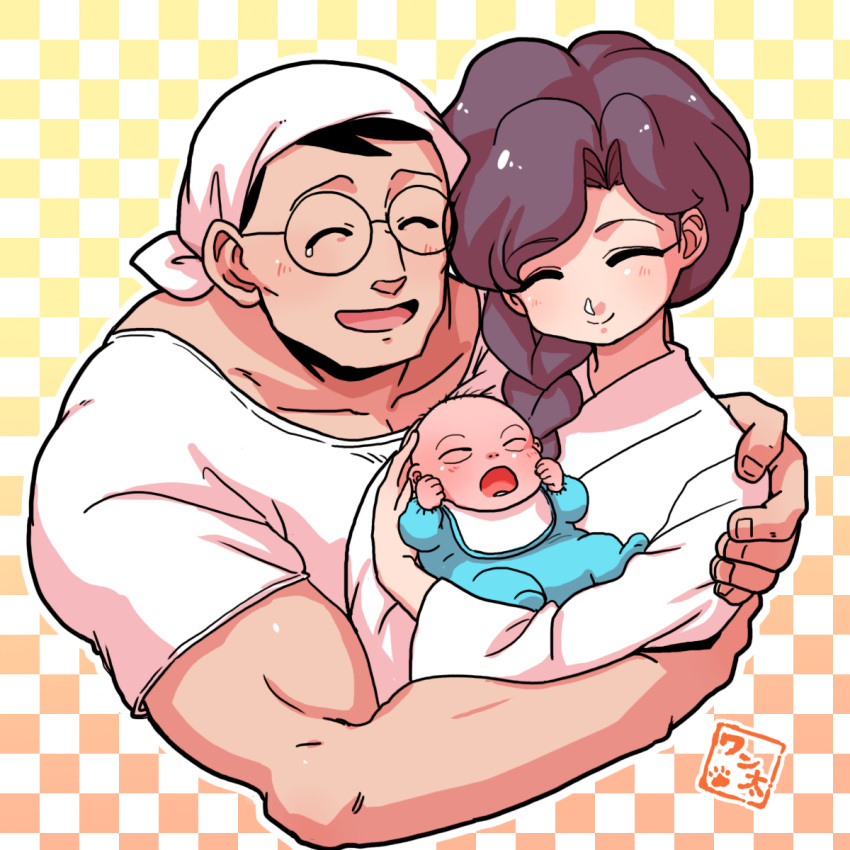 1girl, 2boys, baby, bandanna, black_hair, braid, brown_hair, closed_eyes