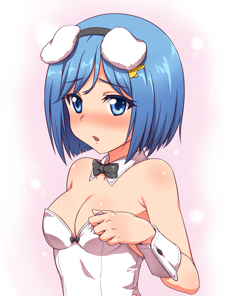 1girl, alternative_girls, animal_ears, blue_eyes, blue_hair, blush, breasts, bunnysuit
