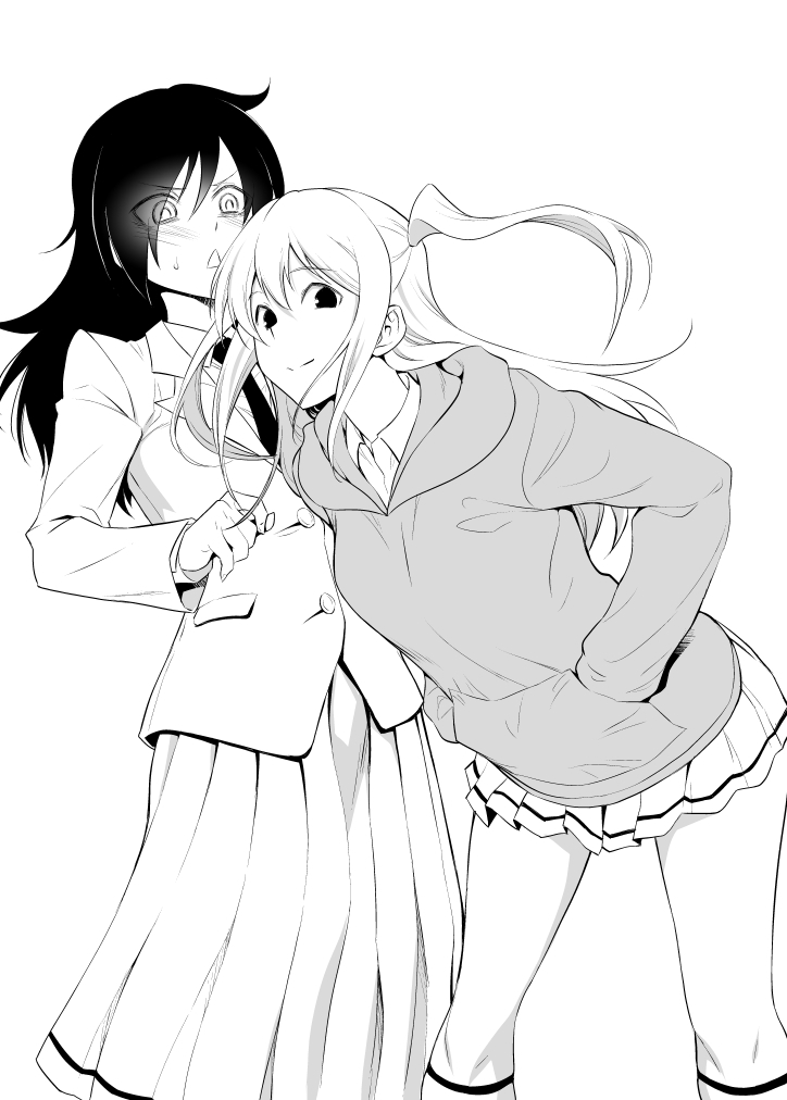2girls, aoki_kanji, blazer, commentary_request, floating_hair, hands_in_pockets, hood, hoodie
