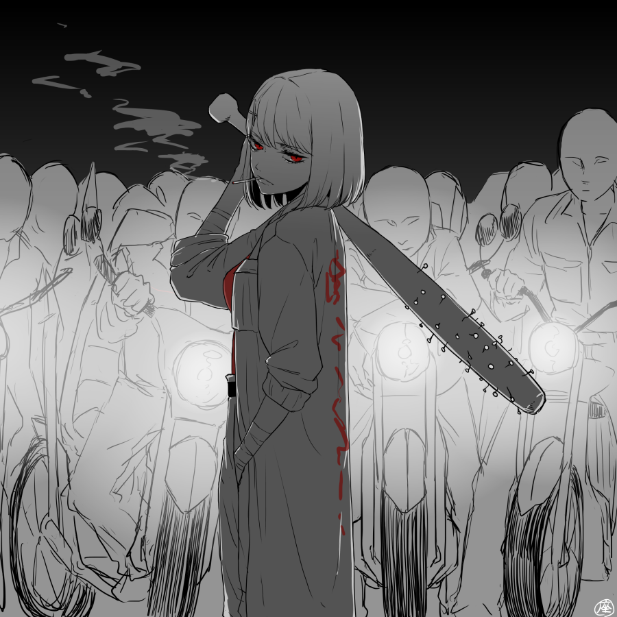 1girl, alternate_costume, bandage, bandaged_arm, bandages, belt, breast_pocket, breasts, cigarette, closed_mouth, clothes_writing, coat, collared_shirt, crowd, ground_vehicle, hair_ornament, hairclip, hand_in_pocket, holding_baseball_bat, kantai_collection, looking_at_viewer, maya_(kantai_collection), monochrome, motor_vehicle, motorcycle, pants, pocket, shirt, short_hair, signature, smoke, smoking, spot_color, x_hair_ornament, zabuton_dorobou