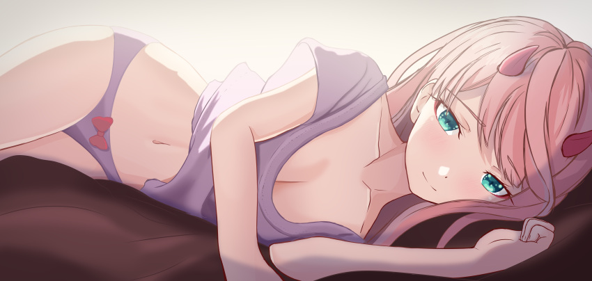 1girl, absurdres, bed_sheet, blue_eyes, bow, bow_panties, breasts, cleavage