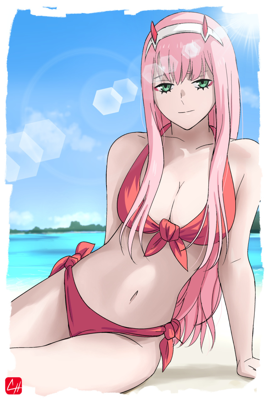 1girl, bangs, bikini, blue_sky, blunt_bangs, breasts, chris_re5, cleavage