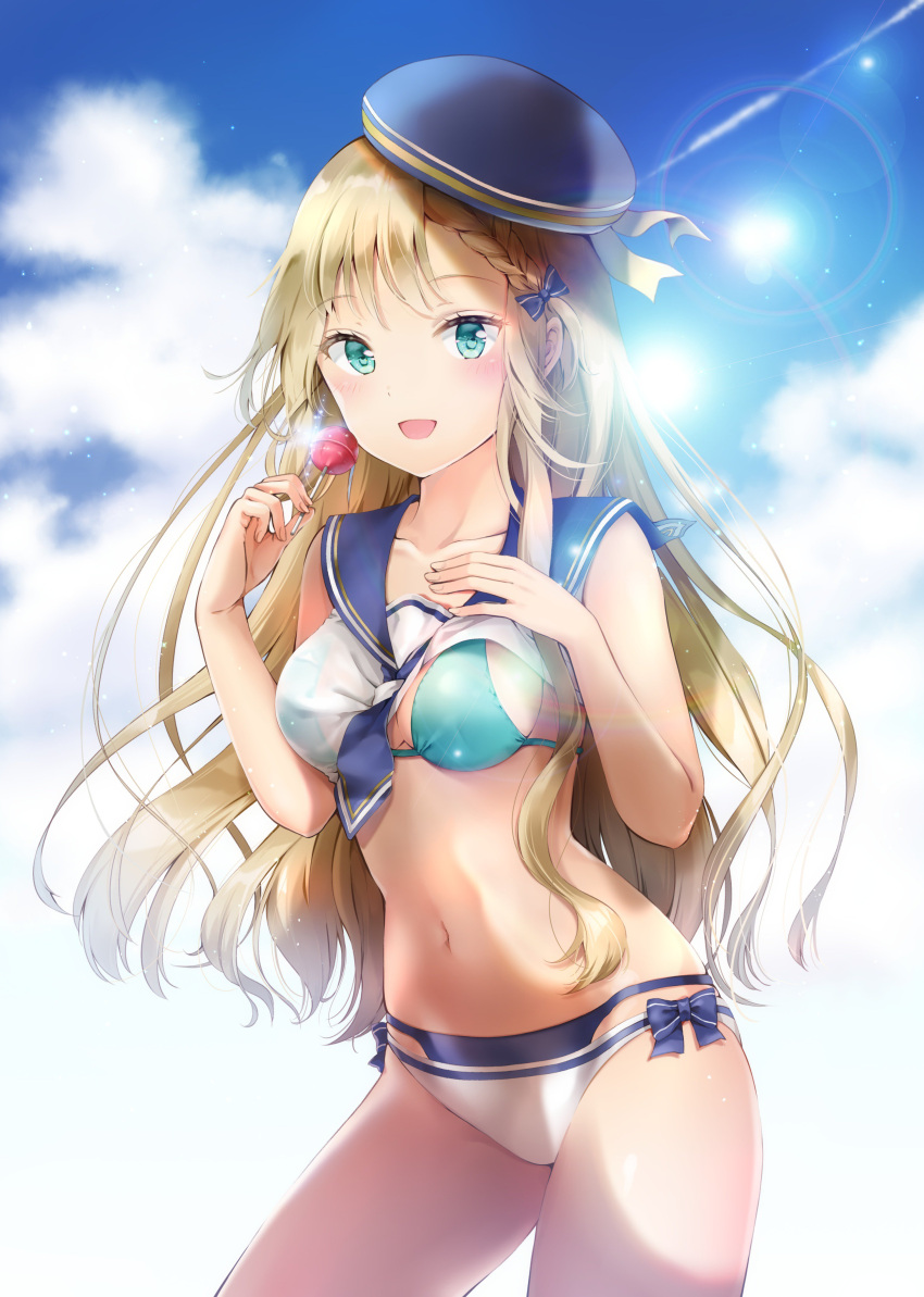 1girl, :d, absurdres, aqua_bikini_top, bikini, blonde_hair, blue_bow, blue_hat