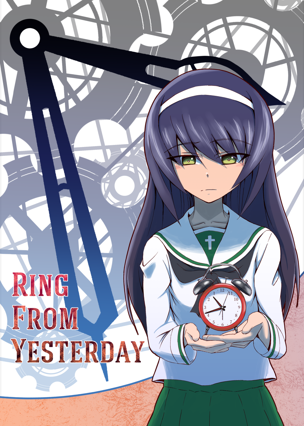 1girl, bangs, breasts, clock, closed_mouth, collarbone, cross, eyebrows_visible_through_hair