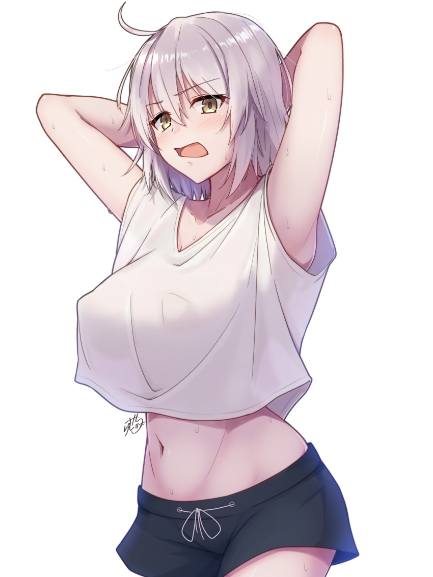 1girl, ahoge, alternate_costume, armpits, arms_behind_head, blush, breasts, casual
