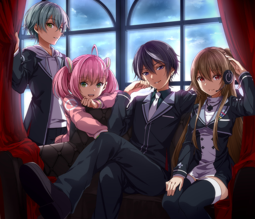2boys, 2girls, ahoge, black_hair, brown_eyes, brown_hair, collared_shirt, commentary_request
