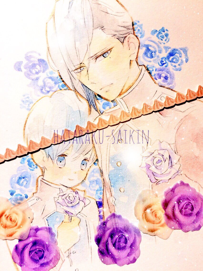 2boys, bifidobacterium_bifidum_(hataraku_saikin), blue_eyes, blue_hair, bob_cut, closed_mouth, copyright_name, flower, hataraku_saibou, hataraku_saikin, looking_at_viewer, male_focus, mole, mole_under_eye, multiple_boys, rose, traditional_media, uniform, upper_body, watercolor_(medium), white_hair, yoshida_haruyuki
