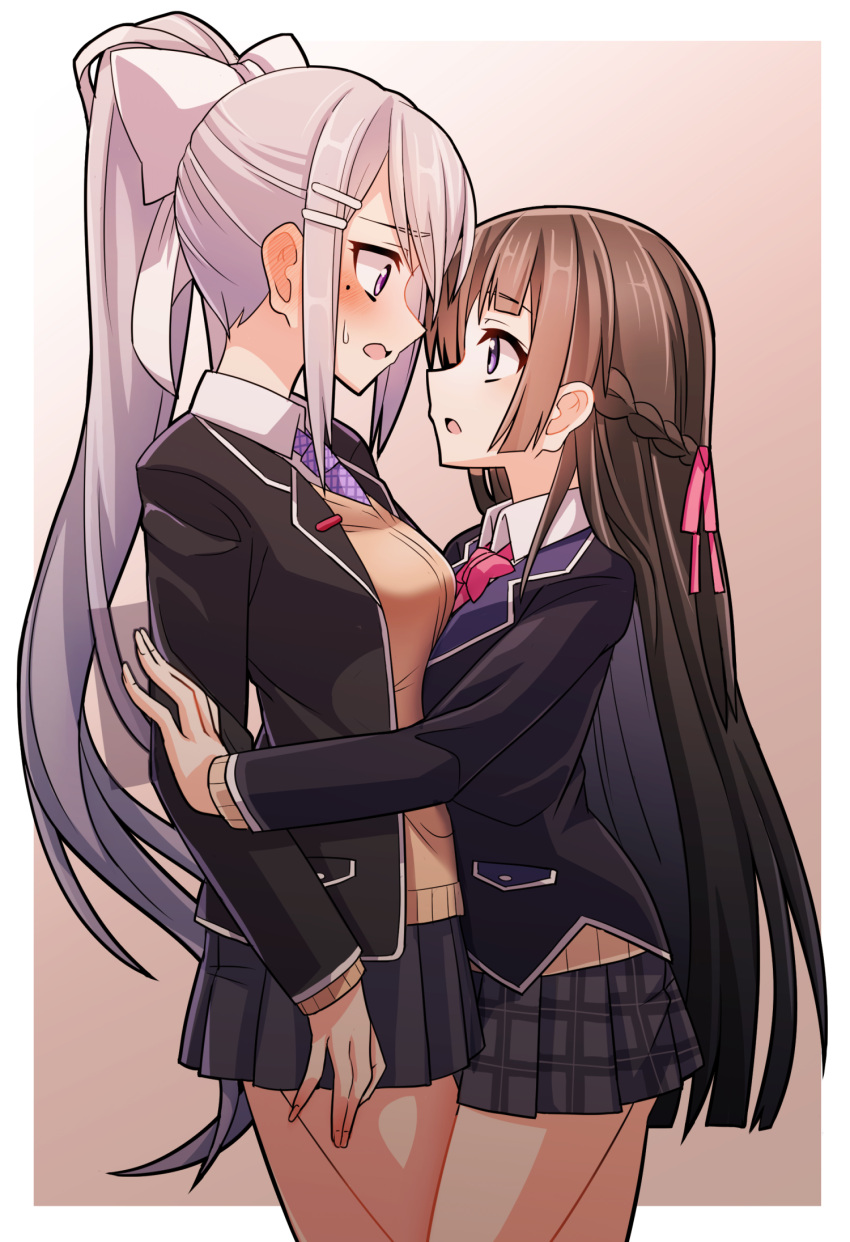 2girls, asymmetrical_docking, black_hair, blazer, blush, bow, bowtie, braid