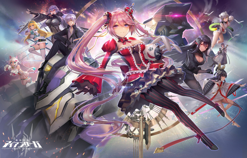 1boy, 6+girls, amanda_(iron_saga), animal_ears, ankle_bell, ankle_ribbon, argyle, argyle_legwear, arm_support, arm_up, backlighting, bangs, bare_legs, barefoot, bell, belt, black_gloves, black_hair, black_legwear, black_sleeves, blonde_hair, blue_eyes, blunt_bangs, blush, bodystocking, bodysuit, boots, bow, bowtie, breasts, bustier, cat_ears, cat_paws, cat_tail, character_request, cleavage, cleavage_cutout, closed_mouth, collarbone, commentary_request, copyright_name, covering_one_eye, cross-laced_footwear, crown, detached_sleeves, dress, dress_shirt, elbow_gloves, erect_nipples, fake_animal_ears, fake_tail, fingerless_gloves, floating_hair, flower, flying, full_body, fur, fur_collar, gloves, hair_between_eyes, hair_bow, hair_ornament, hair_ribbon, hair_scrunchie, half_gloves, hand_up, headband, headgear, heterochromia, high_heels, highres, holding, holding_stuffed_animal, holding_stuffed_toy, instrument, iron_saga, jacket, japanese_clothes, juliet_sleeves, katana, kimono, knee_boots, lace, lace-up_boots, large_breasts, layered_dress, layered_skirt, leg_up, legs_folded, leotard, light_particles, light_rays, lipstick, logo, lolita_fashion, long_hair, long_sleeves, looking_at_viewer, makeup, mecha, mini_crown, miniskirt, mole, mole_on_breast, multicolored, multicolored_clothes, multiple_girls, music, mutsuki_(jidong_zhandui), nail, neck_bell, oboro_(jidong_zhandui), official_art, open_clothes, open_jacket, open_mouth, outstretched_arm, outstretched_arms, panties, pants, pantyhose, pantyshot, paw_gloves, paws, petticoat, pink_hair, playing_instrument, puffy_sleeves, purple_hair, red_dress, red_eyes, red_lipstick, red_ribbon, ribbon, scrunchie, serious, shirt, short_hair, sidelocks, silver_hair, sitting, sitting_on_mecha, skin_tight, skirt, sleeves_past_wrists, slokai_(iron_saga), smile, straight_hair, striped, striped_legwear, stuffed_animal, stuffed_bunny, stuffed_toy, sweater, sweater_vest, swept_bangs, sword, tail, tassel, thigh-highs, thigh_boots, turtleneck, turtleneck_sweater, twintails, underwear, very_long_hair, violet_eyes, weapon, white_leotard, wide_sleeves, wind, wind_lift, wristband, yellow_eyes, zjsstc
