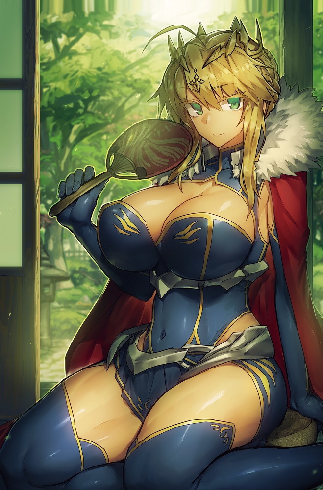 1girl, ahoge, artoria_pendragon_(all), artoria_pendragon_(lancer), bangs, blue_legwear, blurry, braid