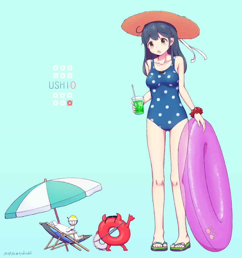 1girl, ahoge, beach_umbrella, black_hair, blue_background, blue_swimsuit, brown_eyes, chair