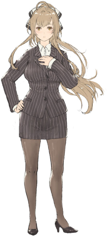 1girl, ahoge, amagi_brilliant_park, bangs, black_footwear, black_jacket, black_skirt, brown_eyes