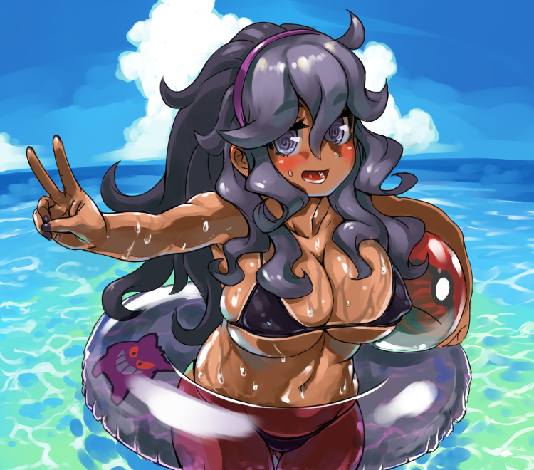 1girl, ahoge, alternate_skin_color, ball, beach, beachball, bikini, blue_sky, blush, breasts, cleavage, creatures_(company), dark_skin, erect_nipples, eyebrows_visible_through_hair, game_freak, gengar, hairband, hex_maniac_(pokemon), innertube, large_breasts, looking_at_viewer, messy_hair, nail_polish, navel, nintendo, ocean, open_mouth, poke_ball, pokeball_generic, pokemon, pokemon_(game), pokemon_xy, purple_hair, sky, solo, summer, swimsuit, swirly_eyes, takane_(lovehatsune), tan, under_boob, v, violet_eyes, water, wet