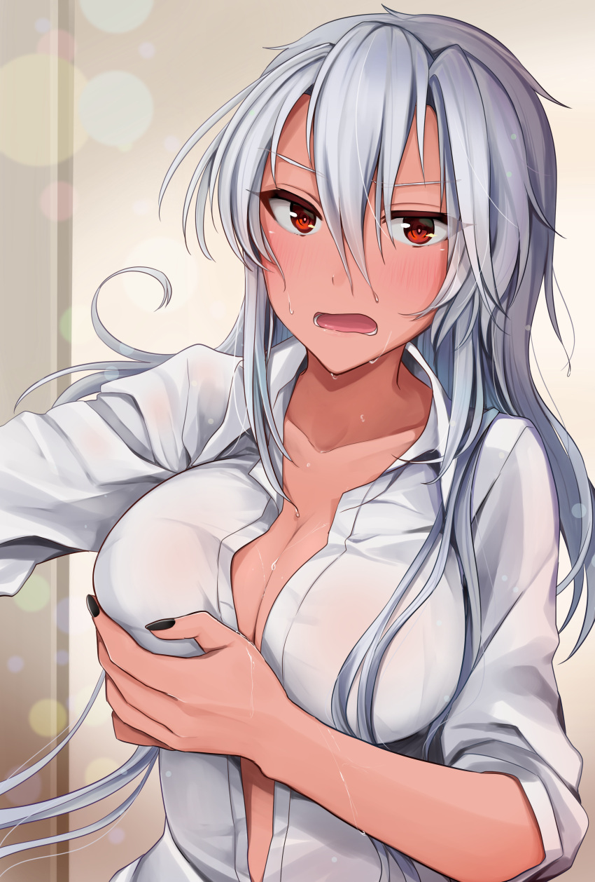 1girl, absurdres, black_nails, blush, breasts, cleavage, collarbone, commentary