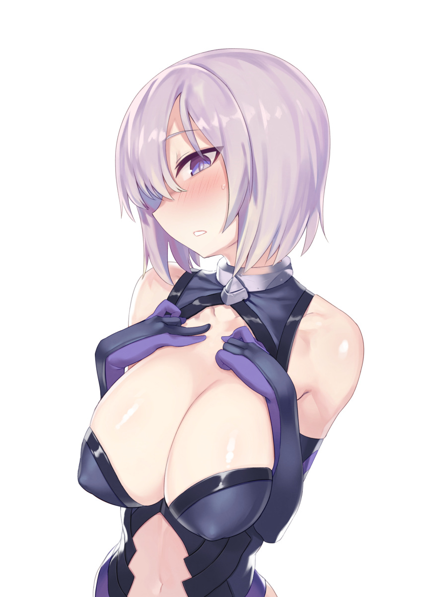 1girl, blush, breast_suppress, breasts, bright_pupils, center_opening, cleavage_cutout, elbow_gloves