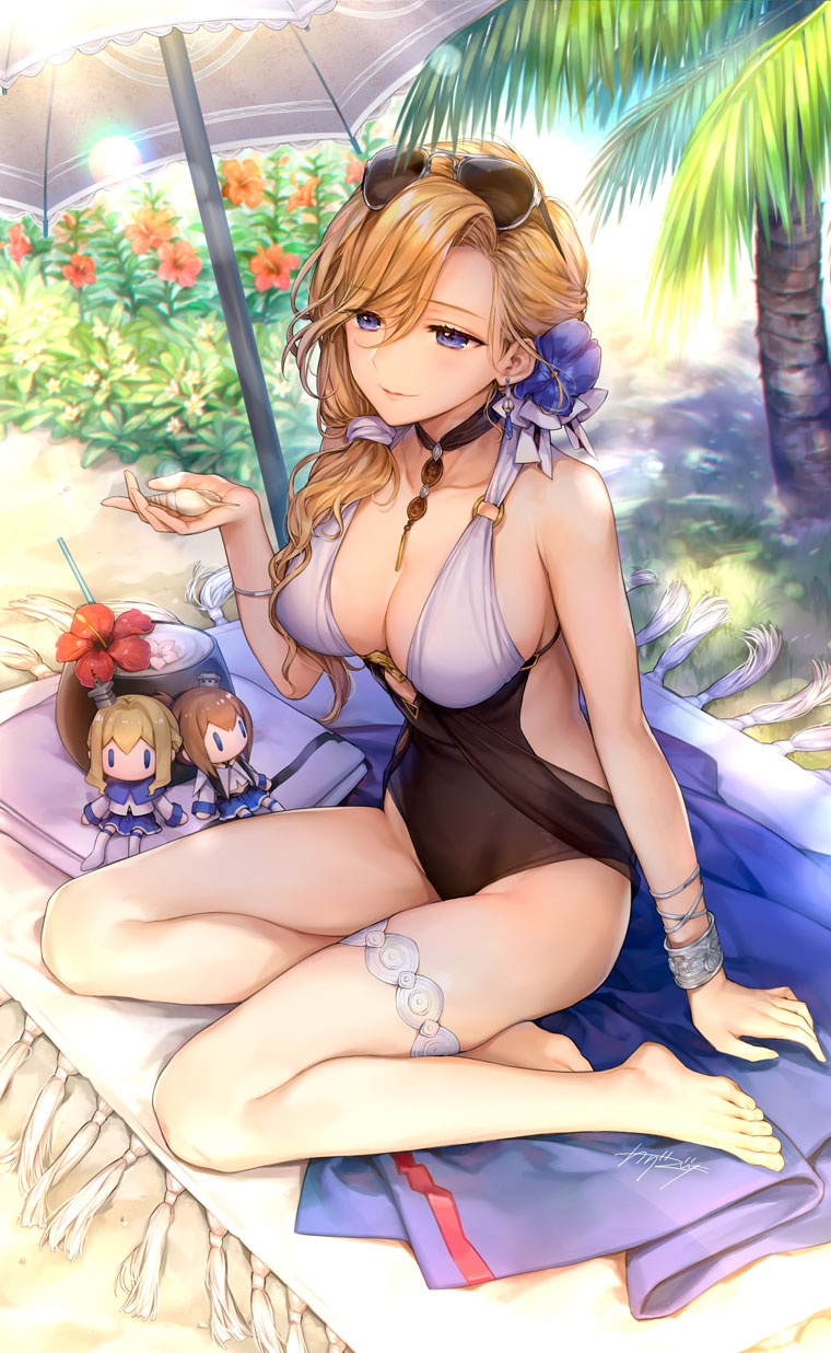 1girl, azur_lane, barefoot, blonde_hair, blue_eyes, bracelet, breasts, casual_one-piece_swimsuit