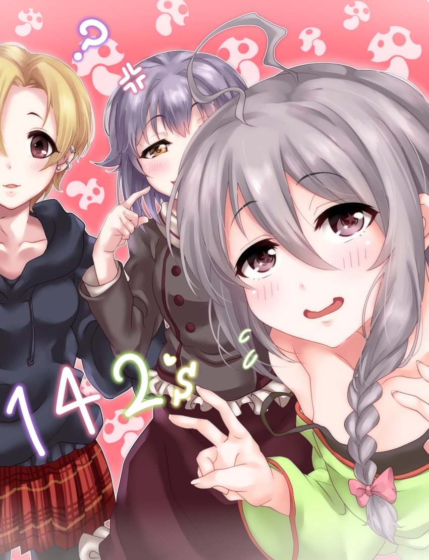 3girls, ?, ahoge, anger_vein, black_camisole, black_hoodie, blonde_hair, blush