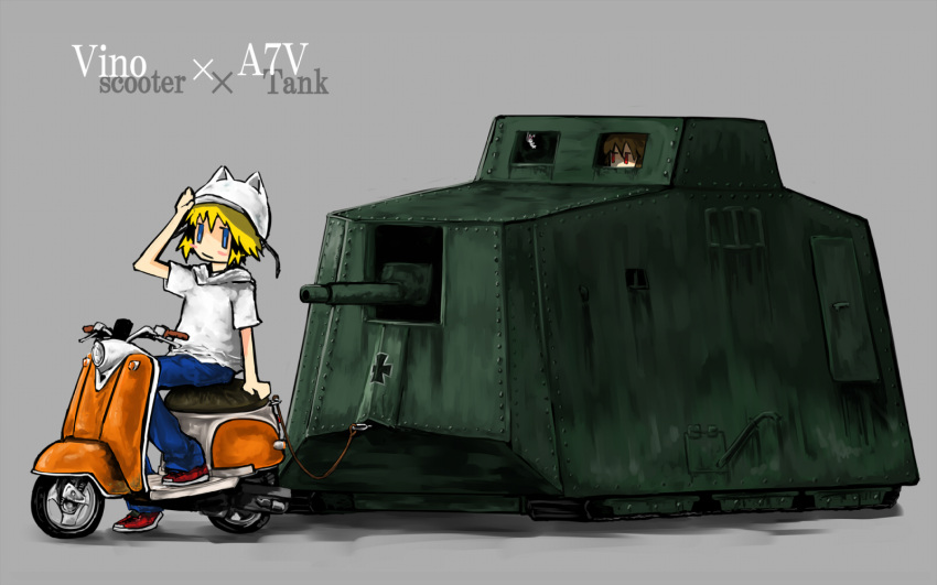 1boy, a7v_(tank), blonde_hair, blue_eyes, brown_hair, caterpillar_tracks, denim, english