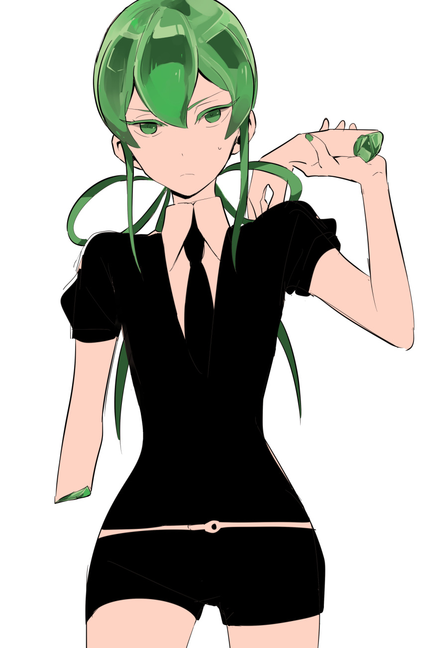 1other, amputee, androgynous, black_neckwear, black_shirt, black_shorts, closed_mouth, collared_shirt