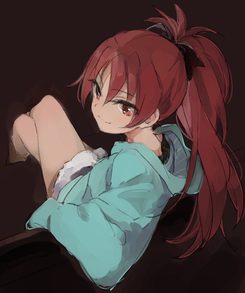 1girl, aqua_hoodie, bench, black_bow, bow, commentary_request, from_behind, hair_bow