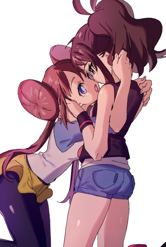 2girls, ankea_(a-ramo-do), ass, bangs, bent_over, black_legwear, black_wristband, blue_eyes