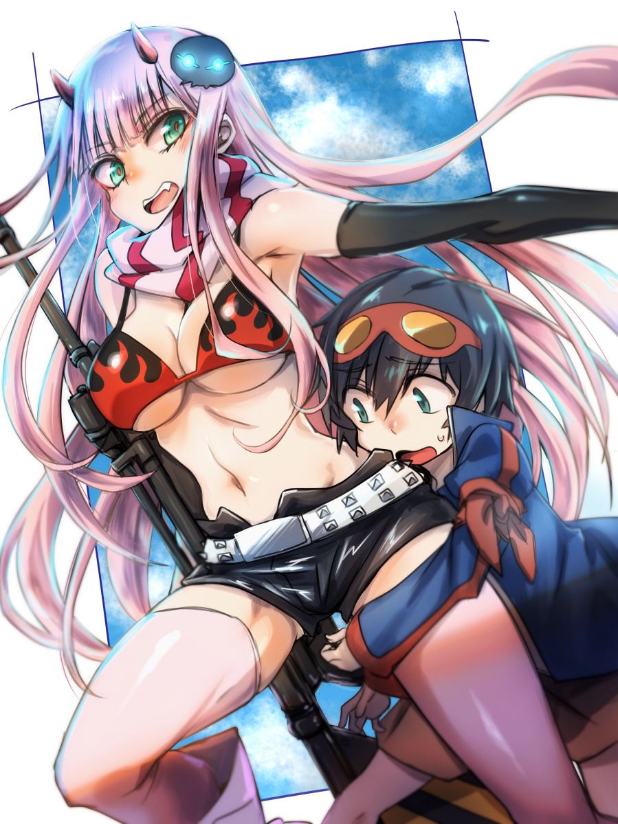1boy, 1girl, armband, bangs, bare_shoulders, belt, bikini_top, black_hair