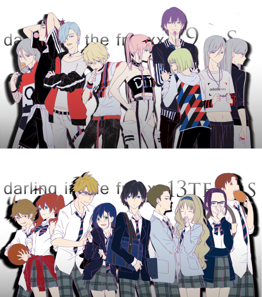 1boy, 1girl, 6+boys, 6+girls, ahoge, bag, ball, bangs