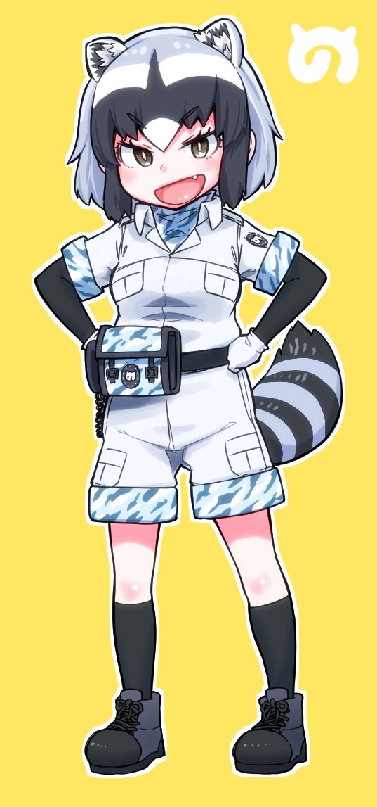 1girl, alternate_costume, animal_ears, belt, black_hair, boots, camouflage_trim, commentary_request