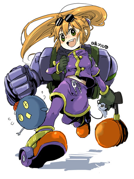 1girl, bodysuit, breasts, brown_hair, commentary_request, eyewear_on_head, gloves, hidaka_fuuro