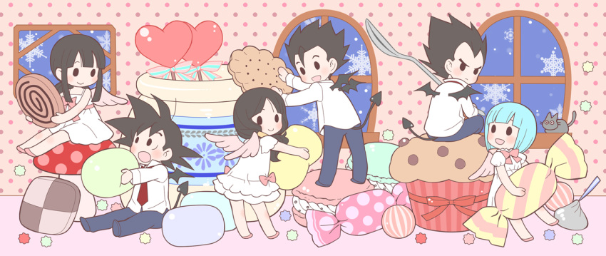 3boys, 3girls, :d, alternate_costume, angel_wings, bangs, black_eyes, black_hair, blue_hair, blush, bulma, candy, chi-chi_(dragon_ball), chibi, chocolate, cookie, couple, demon_tail, demon_wings, dragon_ball, dragonball_z, dress, father_and_son, food, frown, heart_lollipop, hershey's_kisses, hetero, indoors, jar, kanekiyo_miwa, lollipop, looking_at_another, looking_back, looking_up, macaron, mother_and_son, muffin, multiple_boys, multiple_girls, mushroom, necktie, night, no_pupils, open_mouth, pink_wings, puffy_sleeves, ribbon, serious, shirt, short_hair, sitting, sleeveless, sleeveless_dress, smile, snow, snowflakes, son_gohan, son_gokuu, spiky_hair, spoon, standing, tail, twintails, vegeta, videl, white_dress, white_shirt, window, wings, winter